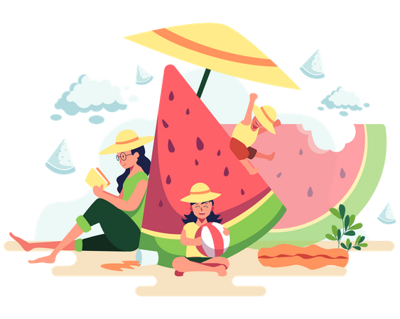 Mother and kids on vacation Illustration