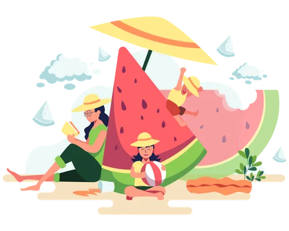 A Mother Of Two Children Takes A Vacation To Take The Family To The Beach She Sit And Read A Book The Son Slid On The Hill Her Daughter Played A Beach Ball She Bought A Luscious Watermelon Illustration