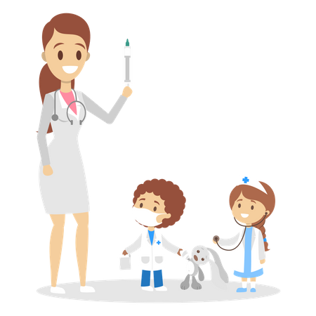 Mother and kids playing doctor game  Illustration