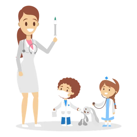 Mother and kids playing doctor game  Illustration