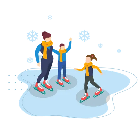 Mother and kids playing with snow  Illustration