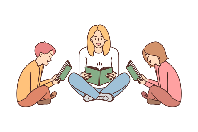 Mother and Kids reading book  Illustration