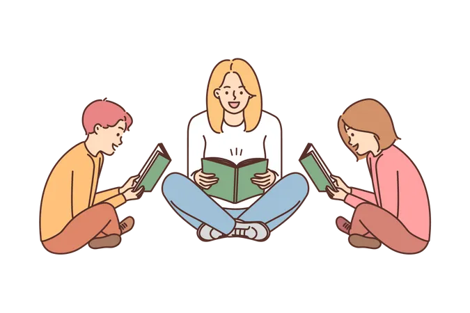 Mother and Kids reading book  Illustration