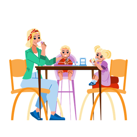 Mother and kids went out in cafe  Illustration
