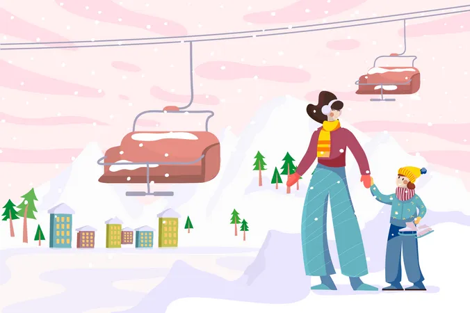 Winter Holidays At Ski Resort In Nature Background Happy Mother And Little Daughter With Skates Stand By Cable Car Nature Scenery With Mountains View Vector Illustration In Flat Cartoon Design Illustration