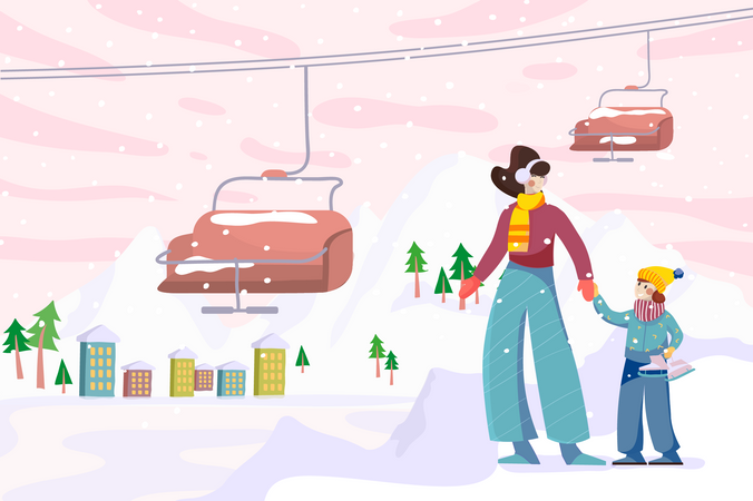 Mother and little daughter with skates stand by cable car  Illustration