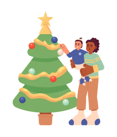 Mother and little girl decorating Christmas tree  Illustration