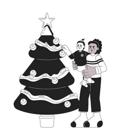 Mother Little Girl Decorating Christmas Tree Black And White 2 D Cartoon Characters African American Mom Holding Kid Isolated Vector Outline People Celebrate Xmas Monochromatic Flat Spot Illustration Illustration