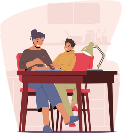 Mother and Little Kid Learn Homework at Home Together Illustration