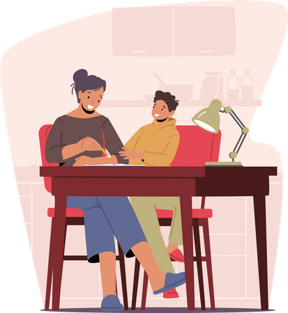 Mother and Little Kid Learn Homework at Home Together  Illustration