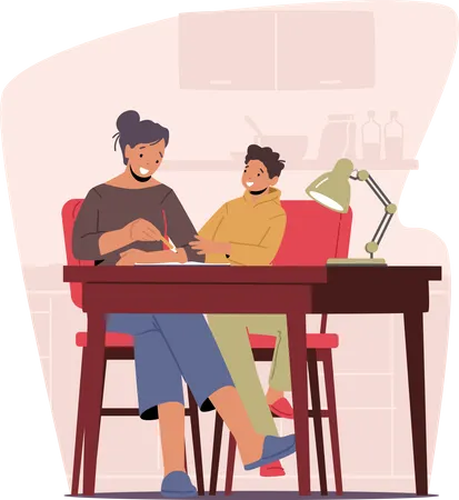 Mother and Little Kid Learn Homework at Home Together  Illustration