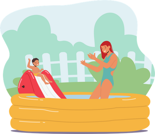 Mother and Little Son Playing in Swimming Pool  Illustration