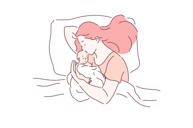Mother and newborn baby sleeping together  Illustration