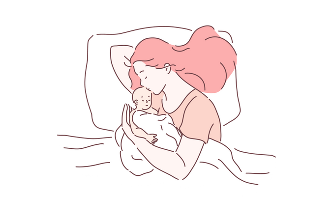 Mother and newborn baby sleeping together  イラスト