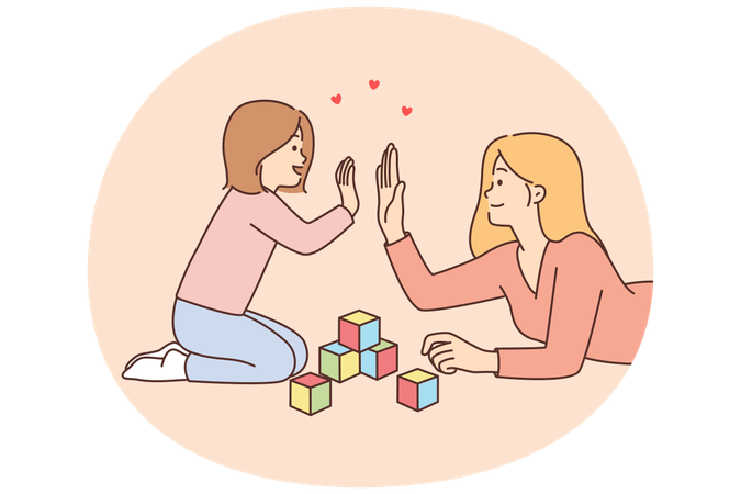 Mother and preschool daughter high-five while celebrating construction of tower of children's blocks  Illustration