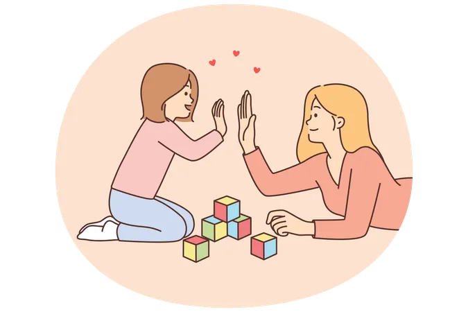 Mother and preschool daughter high-five while celebrating construction of tower of children's blocks  Illustration