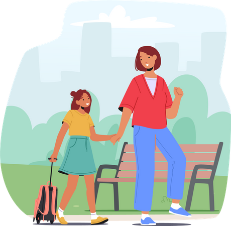 Mother and Schoolgirl Walking on Lesson at Morning Illustration