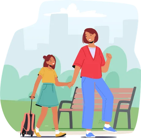 Mother and Schoolgirl Walking on Lesson at Morning  Illustration