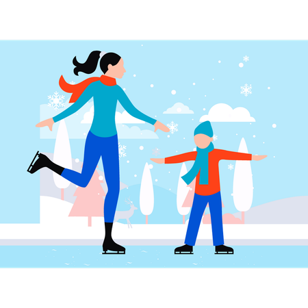 Mother and son are doing ice skating  Illustration