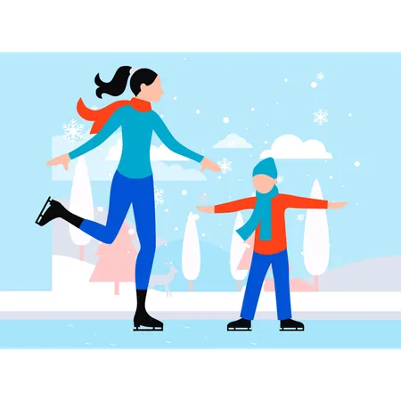 Mother And Son Are Doing Ice Skating Illustration