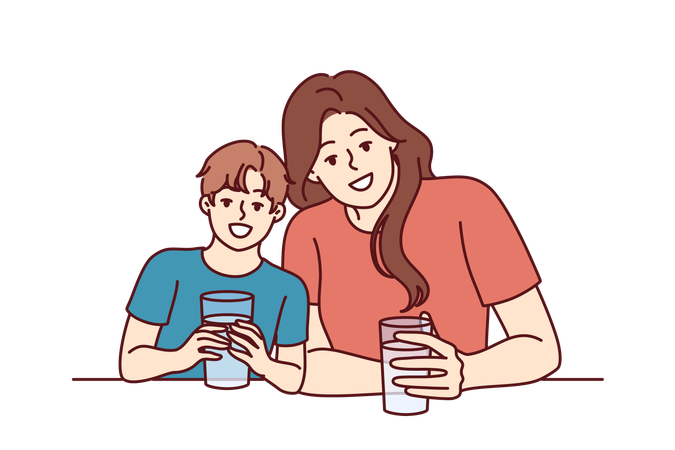 Mother and son are enjoying cup of milk  일러스트레이션