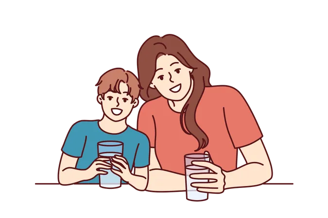 Happy Mom And Son Drink Water From Transparent Glasses And Smile Enjoying Clean Refreshing Beverage Positive Family With Water Look At Camera Together And Smile Urging To Drink More Liquid Illustration