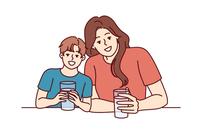 Mother and son are enjoying juice  Illustration