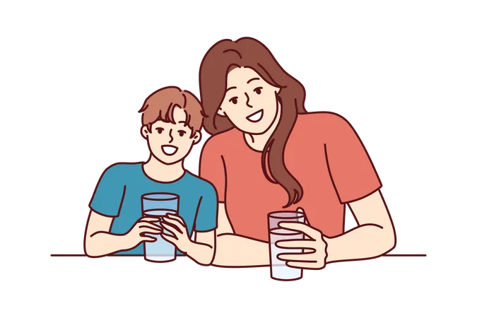 Mother and son are enjoying juice  Illustration