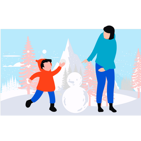 Mother and son are making snowman  Illustration