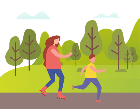 Mother and son are playing in garden  Illustration