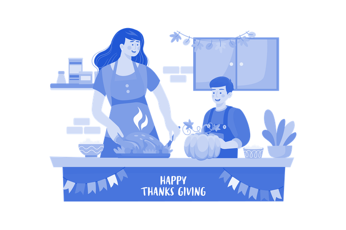 Mother And Son Are Preparing Food For Thanksgiving Day  Illustration