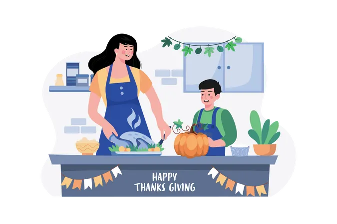 Mother And Son Are Preparing Food For Thanksgiving Day  Illustration