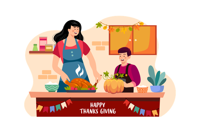 Mother And Son Are Preparing Food For Thanksgiving Day  Illustration