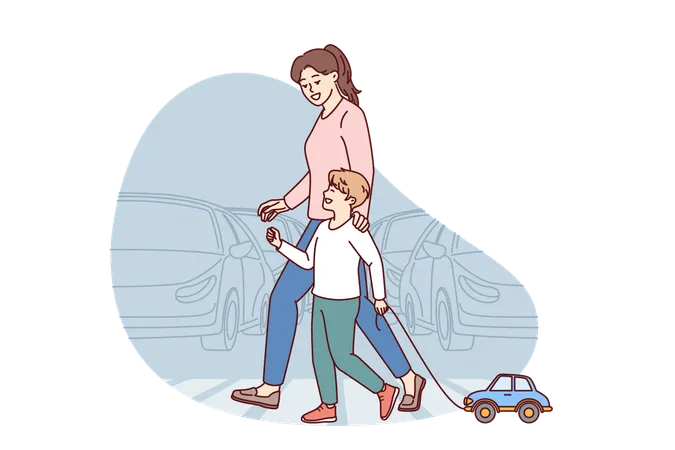 Happy Mom And Child Going Along Pedestrian Crossing Across Road Walking Through Summer City Little Boy With Toy Car Walks With Nanny Teaching How To Cross Intersection Road Correctly Illustration