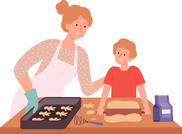Mother and son baking cookies Illustration