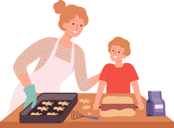 Mother and son baking cookies  Illustration