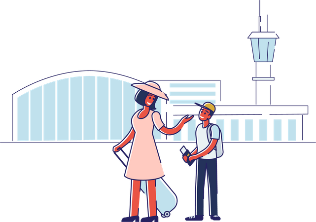 Mother and son boarding plane with passport  Illustration