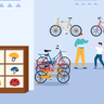 mother and son buying cycle illustration