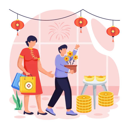 Mother and son Buying Gifts on Chinese new year  Illustration