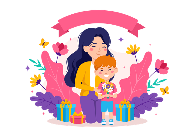 Mother and son celebrating mothers day  イラスト
