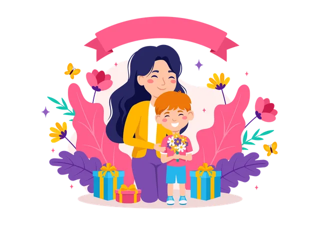 Mother and son celebrating mothers day  イラスト