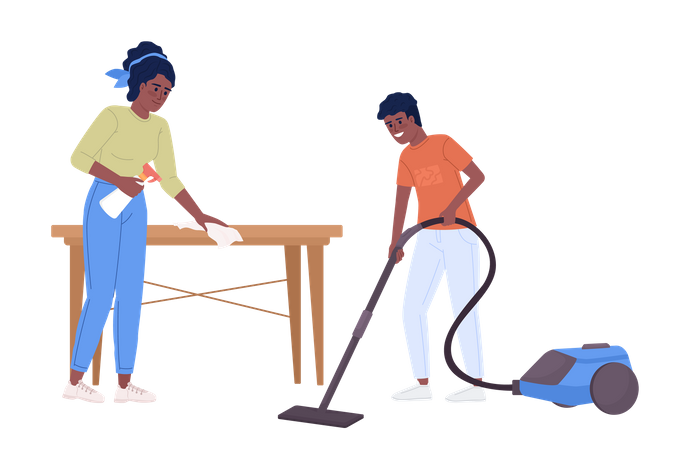 Mother and son cleaning house  Illustration