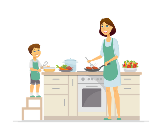 Mother and son cooking in the kitchen  Illustration