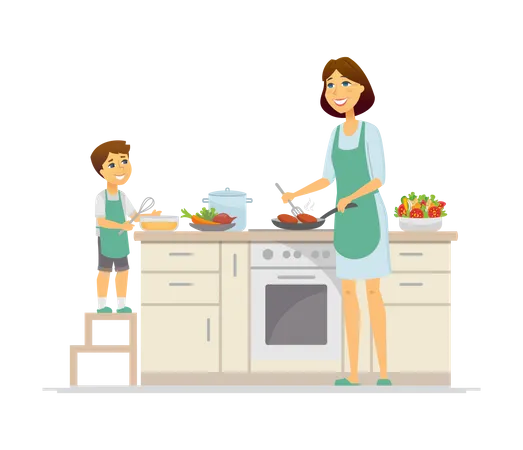 Mother and son cooking in the kitchen  Illustration