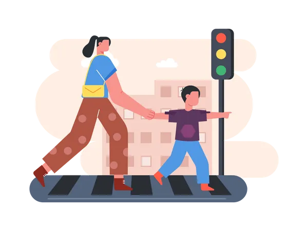 Mother and son crossing road  Illustration