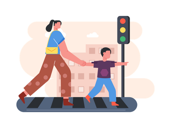 Mother and son crossing road  Illustration