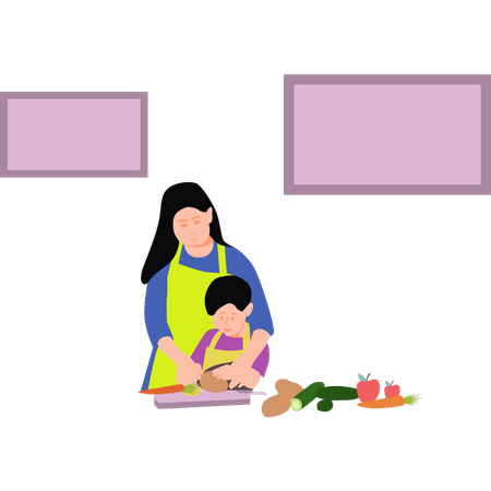 Mother and son cutting vegetables Illustration