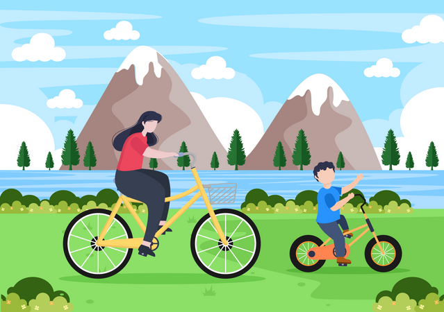 Mother and son cycling in park  Illustration