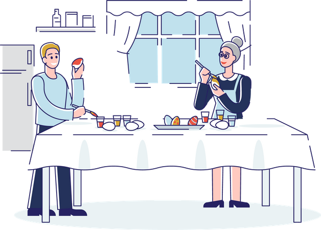 Mother and son decorating easter egg  イラスト