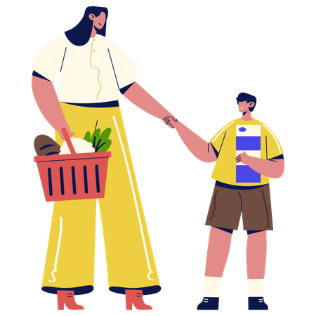 Mother and Son doing Grocery shopping  일러스트레이션
